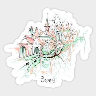 Scenic city view of Bruges canal with beautiful houses and church Sticker